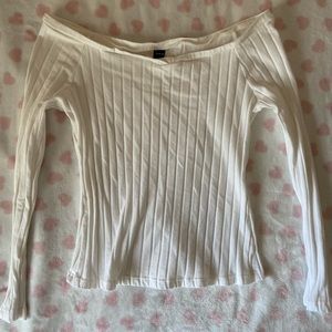 white ribbed off the shoulder long sleeve top